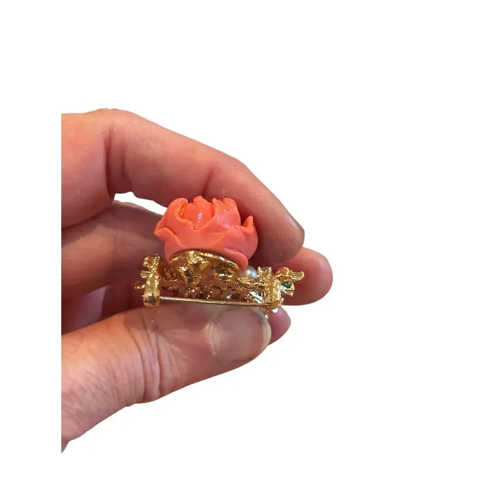 Coral Rose Brooch Pearl Rhinestone Cascade Enamel Leaves Vintage Glam